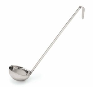 The ladle has a long handle with a curved end