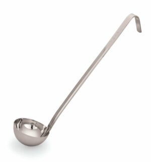 A soup ladle has a long handle