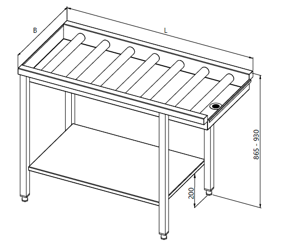 A drawing of a table near a dishwasher with long rolls and a reinforced shelf