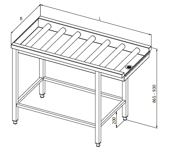 Zeichnung eines Tisches neben einer Spülmaschine mit langen Brötchen