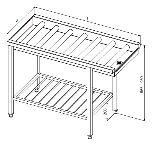 Drawing of a table near the dishwasher with long rolls and a bar shelf