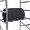 Tire shelf with two crossbars hung horizontally on the rack