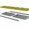 Nerūdijančio plieno vonelė kabinama į du skersinius, po perforuoto plastiko lentynų uždengimais