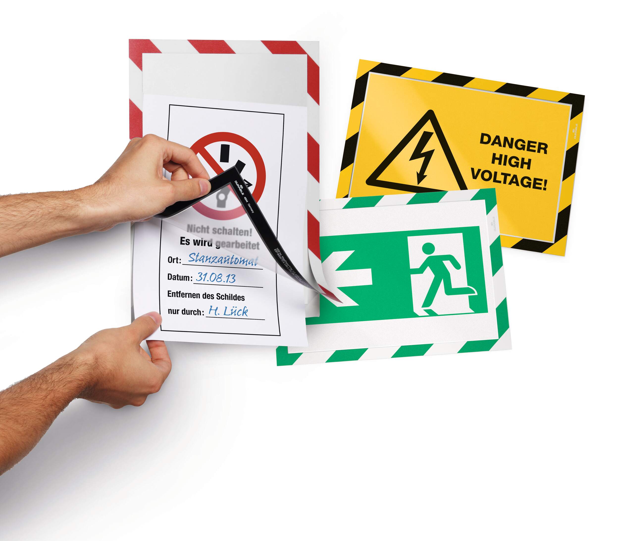 Samoprzylepne dwustronne ramki informacyjne formatu A4 w kolorach ostrzegawczych