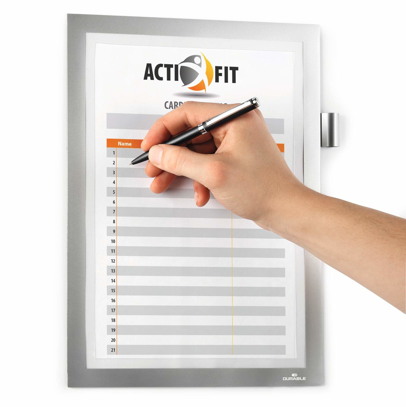Adhesive frames for cleaning schedules, with pen holder