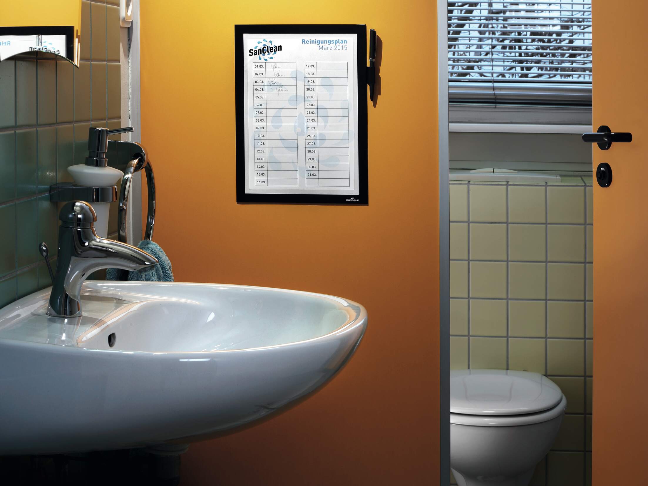Adhesive frames for cleaning schedules, with pen holder