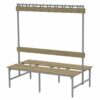 1,5m long two-sided benches with height-adjustable legs with support and hangers for clothes