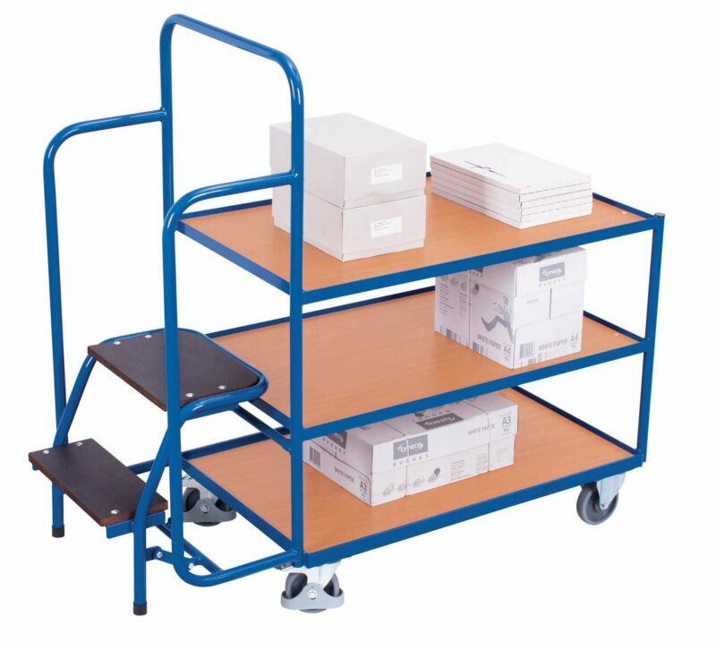Three-shelf order picking carts with drop-down steps