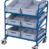 Carts with tilting shelves, with plastic boxes