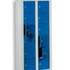 12-compartment wall cabinets for personal belongings, with blue doors