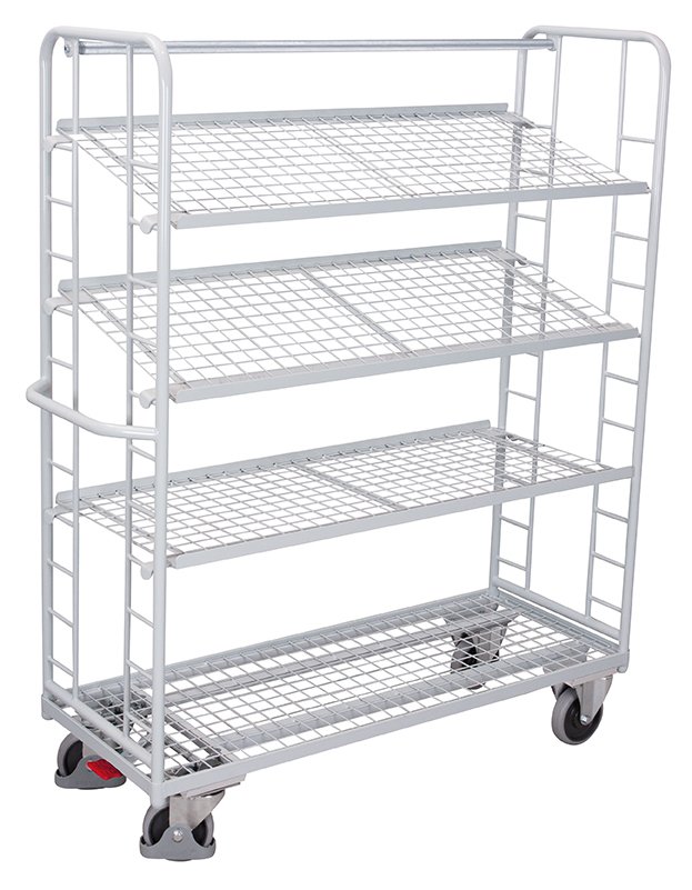 Gray carts with tilting shelves