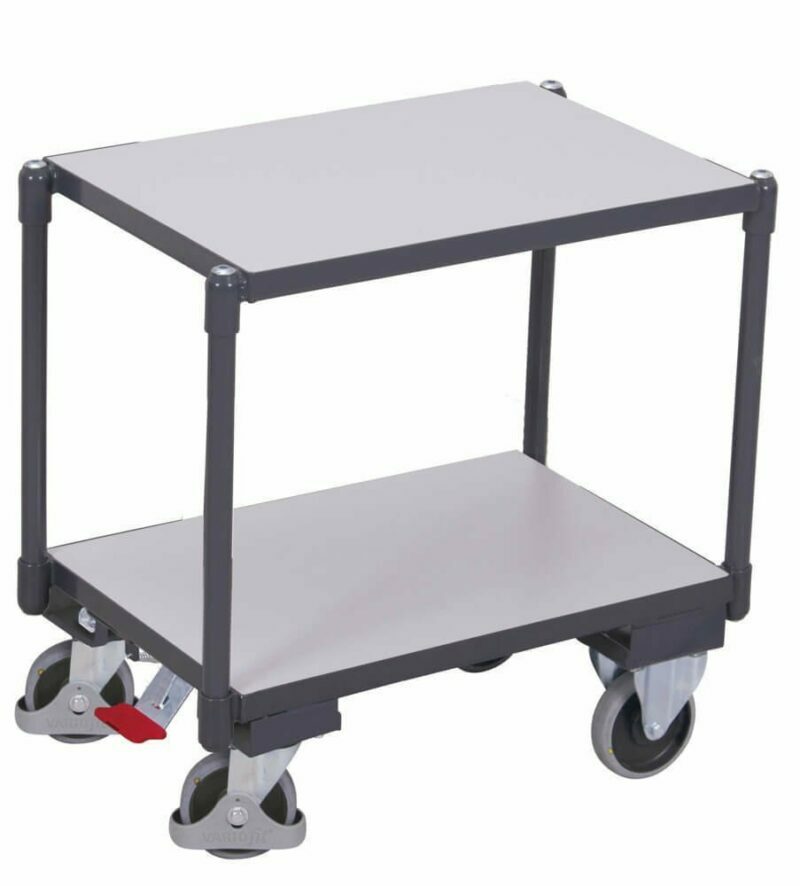 Electrically conductive ESD two-level shelf trolleys for EURO boxes with central brake