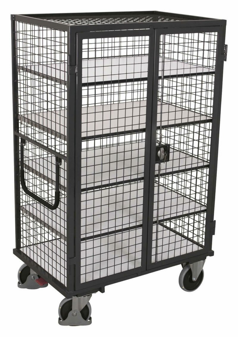 Electrically conductive, lockable ESD trolleys with shelves