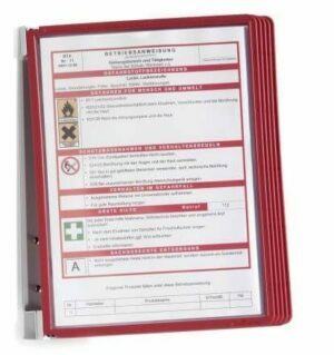 A4-format, 5-frame document binder, red color, is attached to the wall