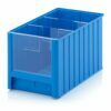 Mėlynos (RAL5015) spalvos dėžutės 50x31x30cm su skaidriu priekiniu dangteliu ir pertvaromis