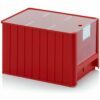 Raudonos (RAL3020) spalvos dėžutės 50x31x30cm su skaidriu dangteliu, etikete
