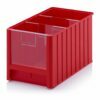 Raudonos (RAL3020) spalvos dėžutės 50x31x30cm su skaidriu priekiniu dangteliu ir pertvaromis