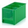 Žalios (RAL6018) spalvos dėžutės 50x31x30cm su skaidriu priekiniu dangteliu ir pertvaromis