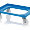 Mėlynas RAL5015 vežimėlis 60x40cm formato dėžėms su 2 fiksuotais, 2 pasukamais nerūdijančio plieno poliamido ratukais