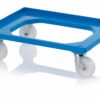 Mėlynas RAL5015 vežimėlis 60x40cm formato dėžėms su 2 fiksuotais, 2 pasukamais poliamido ratukais