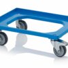 Wózek w kolorze niebieskim RAL5015 do pudełek formatu 60x40cm z 4 gumowymi kółkami skrętnymi, 2 z hamulcami