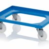 Mėlynas RAL5015 vežimėlis 60x40cm formato dėžėms su 4 pasukamais nerūdijančio plieno poliamido ratukais