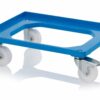 Mėlynas RAL5015 vežimėlis 60x40cm formato dėžėms su 4, pasukamais poliamido ratukais, 2 kurių su stabdžiais