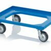 Mėlynas RAL5015 vežimėlis 60x40cm formato dėžėms su 4, pasukamais uždarais guminiais ratukais