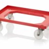Chariot rouge RAL3020 pour cartons format 60x40cm avec 2 roues fixes et 2 rotatives en polyamide inox
