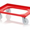 Raudonas RAL3020 vežimėlis 60x40cm formato dėžėms su 2 fiksuotais, 2 pasukamais poliamido ratukais