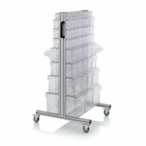 Double-sided aluminum trolley with 16 transparent drawer modules of different sizes, 69x68x134cm