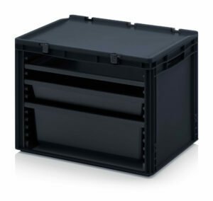 ESD-Behälter mit offener Seite mit ausziehbaren Schubladen 60x40x43,5cm