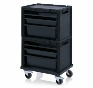 ESD containers with pull-out drawers and a trolley