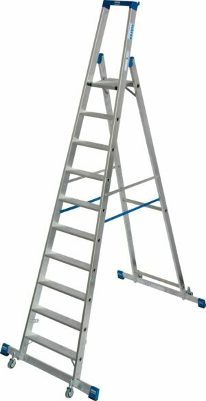 10-stufige einseitige Leiter mit Podest, Rädern und Stützen