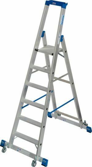6-stufige einseitige Leiter mit Podest, Rädern und Stützen