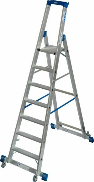 7-stufige einseitige Leiter mit Podest, Rädern und Stützen
