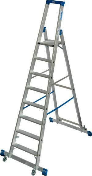 8-stufige einseitige Leiter mit Podest, Rädern und Stützen