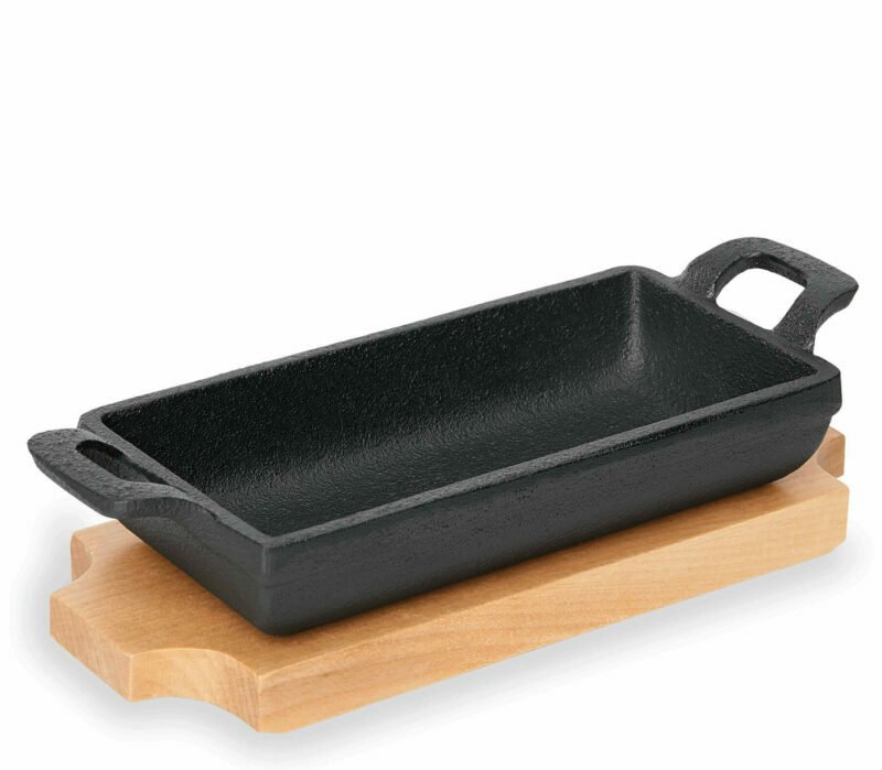 Cast iron pans for serving with a wooden table