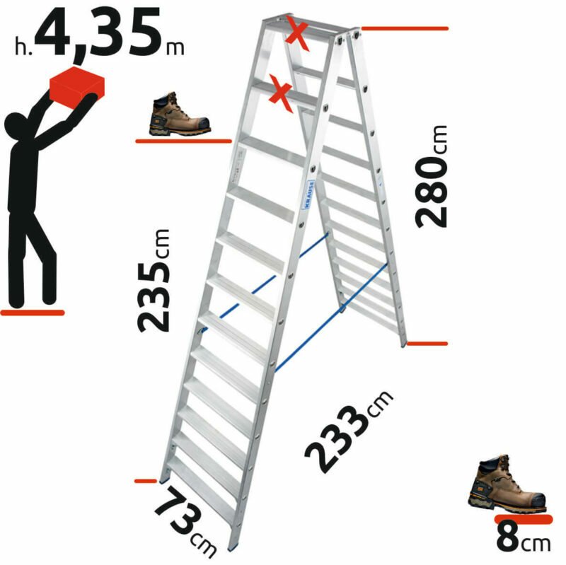 12 pakopų dvipusės kopėčios 4,35m aukščiui pasiekti KRAUSE 124784