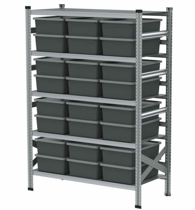 1430x600x1982mm Metalsistem racks with 24, 30l capacity plastic boxes