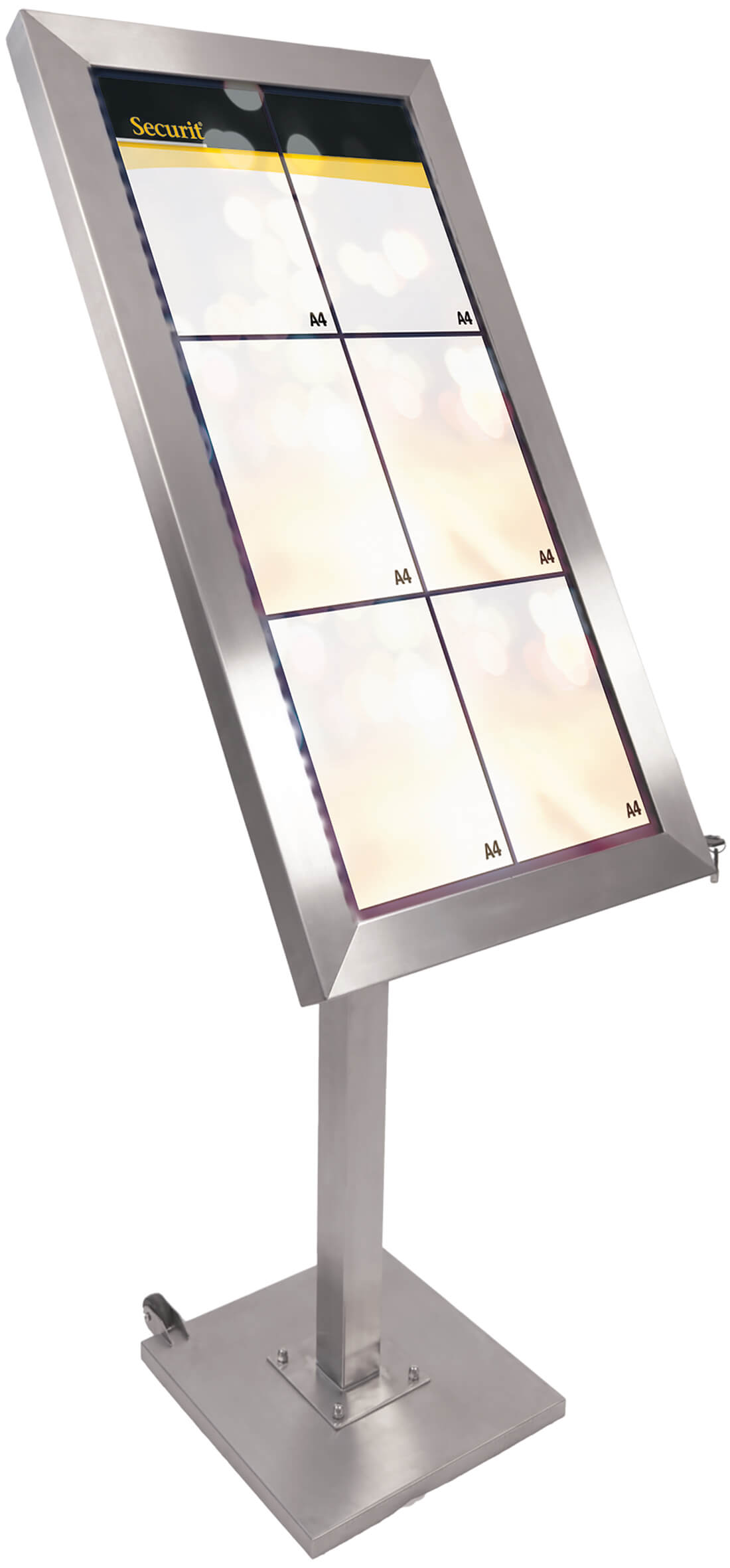 A4x6 nerūdijančio plieno meniu stovas su LED RGB apšvietimu MCS-6A4-LSS