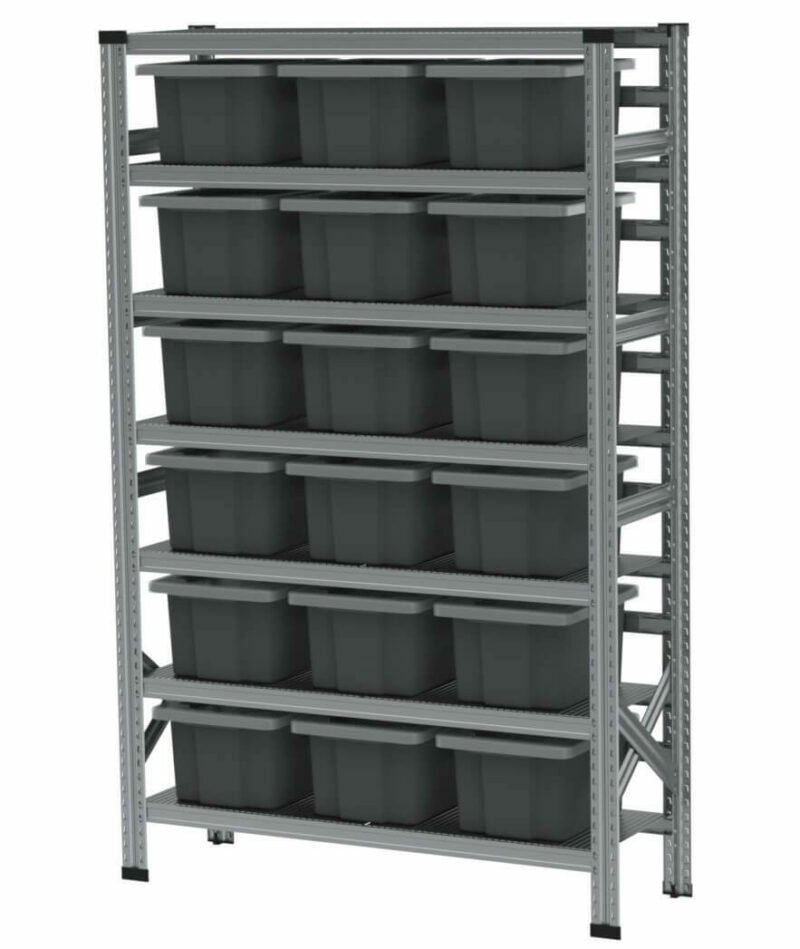1050x400x2000mm racks with 18, 23l capacity gray boxes