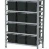 1350x600x1982mm Metalsistem racks with 12, 60l black plastic boxes