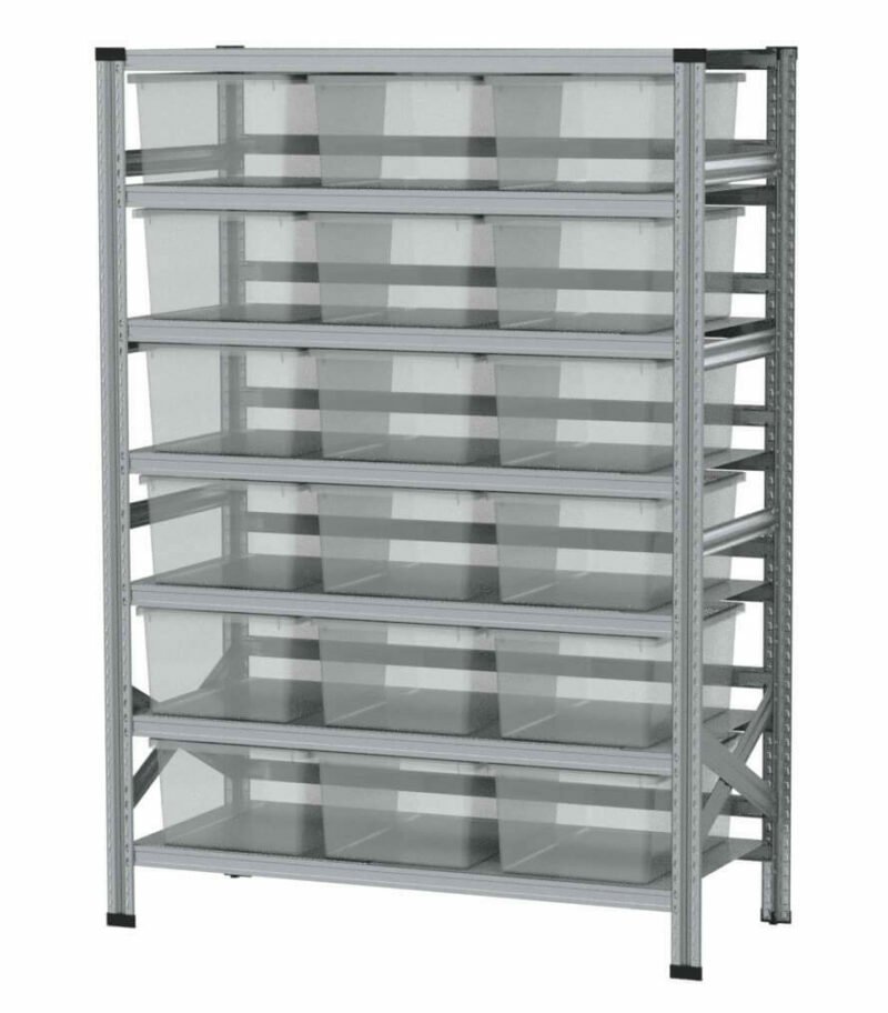 1350x600x1982mm Metalsistem racks with 18, 40l capacity transparent plastic boxes