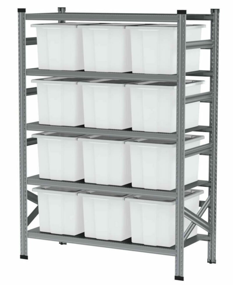 1350x600x2000mm racks with 12, 55l capacity white boxes