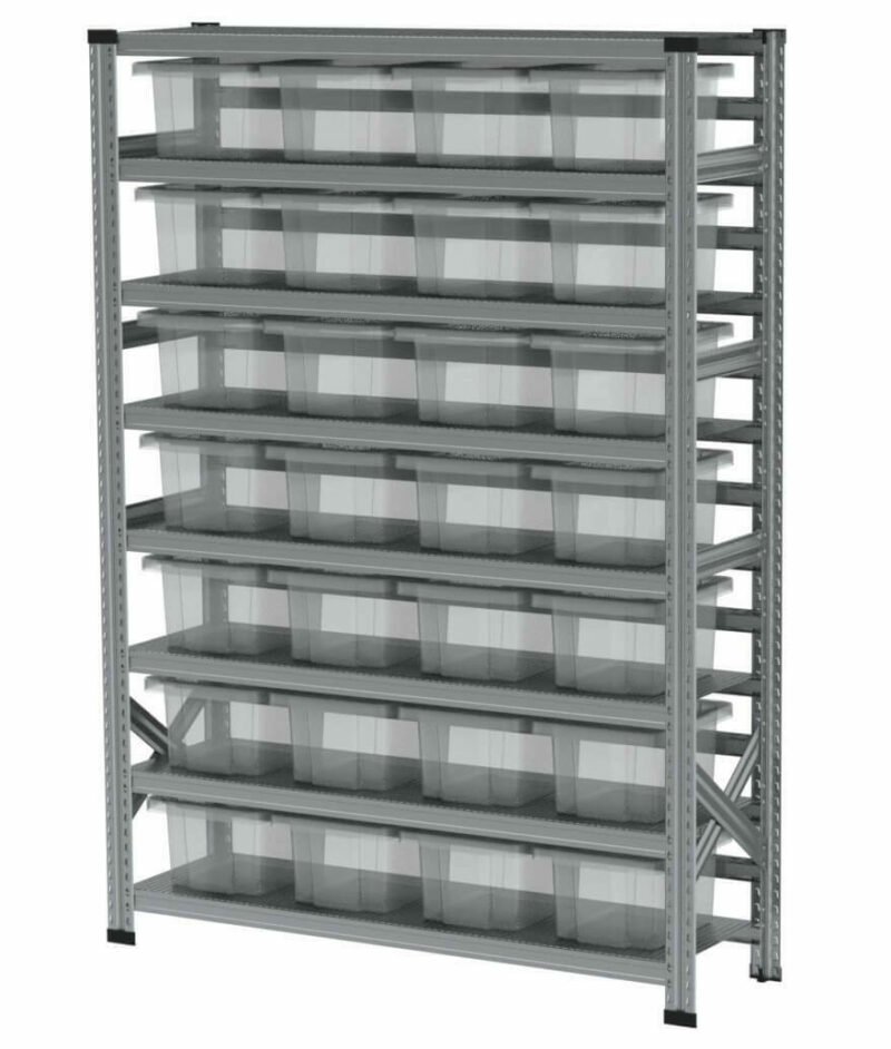 135x40x200cm racks with 28, 15l capacity transparent boxes