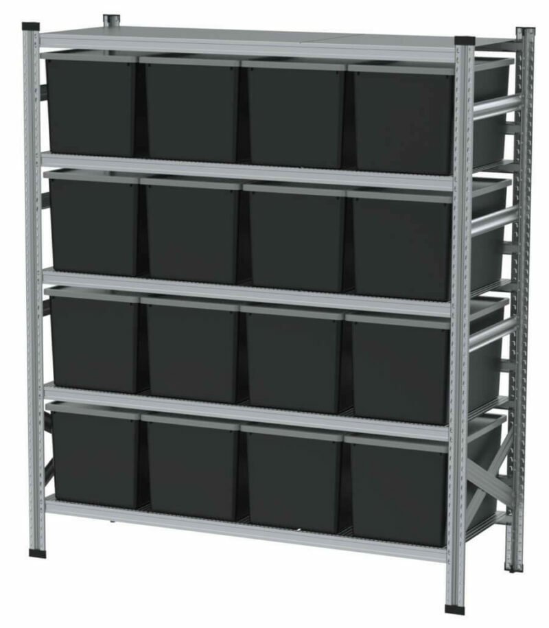 1650x600x1982mm Metalsistem racks with 16, 60l black plastic boxes