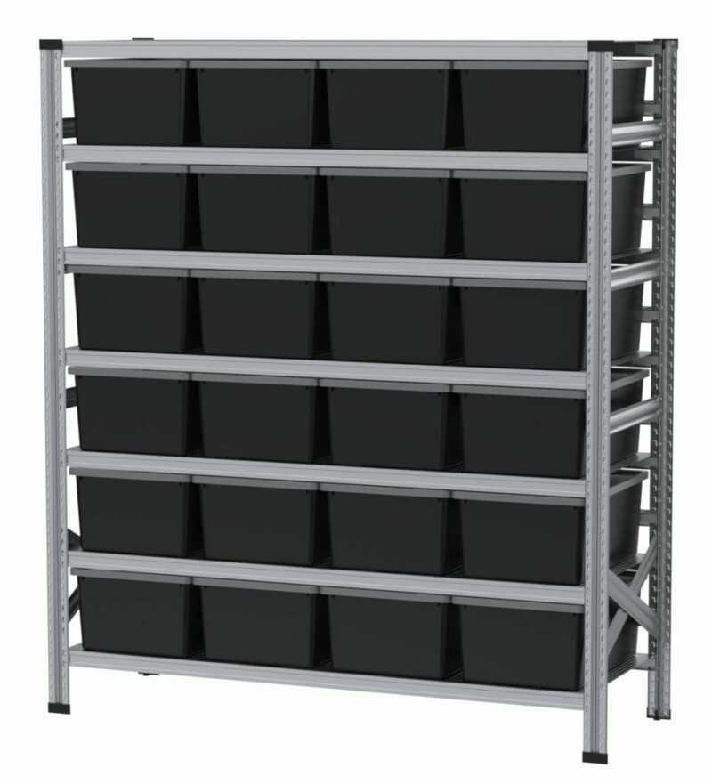 1650x600x1982mm Metalsistem racks with 24, 40l black plastic boxes