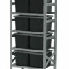 900 x 600 x 2000 mm große Racks mit schwarzen Kunststoffboxen mit 8 l Fassungsvermögen