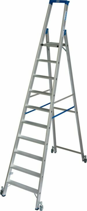 10-step single-sided KRAUSE ladder with platform and spring castors
